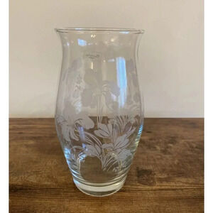 Pasabahce Made In Turkey Art Glass Clear Etched White Floral Vase 8”H 3.75”D